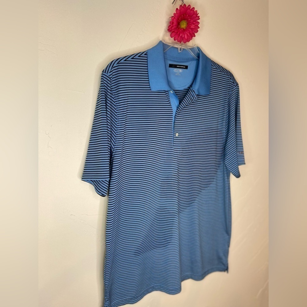 Greg Norman~Light Blue & Black Stripped Play Dry Golf Polo Shirt~Size L